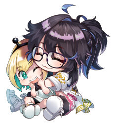 Rule 34 | 2girls, :3, :d, agustinus, amano pikamee, black-framed eyewear, black footwear, black hair, black hairband, black shorts, blonde hair, blue hair, chest sarashi, chibi, closed eyes, coat, colored inner hair, commentary, delinquent, english commentary, eyelashes, glasses, green hair, hairband, highres, hug, hug from behind, kson, looking at another, midriff, mole, mole under eye, multicolored coat, multicolored hair, multiple girls, navel, one eye closed, open mouth, petal print, sarashi, sharp teeth, shirt, shoe soles, shoes, shorts, simple background, smile, sneakers, streaked hair, sukeban, teeth, two-tone coat, upper teeth only, virtual youtuber, voms, vshojo, white background, white shirt