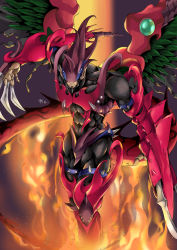 Rule 34 | 1boy, abs, absurdres, armor, artist request, covered eyes, destiny hero - destroyer phoenix enforcer, duel monster, feathered wings, fire, flying, full armor, highres, holding, holding sword, holding weapon, horns, large pectorals, parted lips, pectorals, pointy ears, rubble, single horn, solo, spiked tail, sword, tail, weapon, wings, yu-gi-oh!