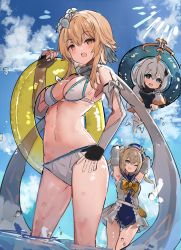 Rule 34 | 3girls, absurdres, armpits, arms behind head, bad id, bad twitter id, barbara (genshin impact), bikini, blonde hair, breasts, cloud, day, floating, from below, genshin impact, highres, holding, holding swim ring, innertube, lumine (genshin impact), multiple girls, open mouth, outdoors, paimon (genshin impact), partially submerged, sidelocks, swim ring, swimsuit, the olphy, twintails, water, white bikini, white hair, yellow eyes