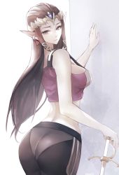Rule 34 | 1girl, adapted costume, ass, black hair, black pants, breasts, commentary, contemporary, crop top, english commentary, green eyes, hand on wall, highres, holding, holding sword, holding weapon, long hair, looking back, medium breasts, nintendo, pants, pointy ears, princess zelda, purple tank top, solo, sword, tank top, the legend of zelda, the legend of zelda: twilight princess, tommy (kingdukeee), weapon, yoga pants
