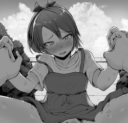 Rule 34 | 1boy, 1girl, blush, cloud, day, greyscale, hair ribbon, hetero, highres, holding hands, implied sex, kantai collection, looking at viewer, monochrome, nose blush, open mouth, outdoors, photo inset, ponytail, pov, ribbon, sex, shikinami (kancolle), shirt, solo focus, spread legs, yonemiya inaho
