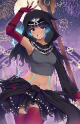 Rule 34 | 1girl, alternate costume, black hair, black skirt, blue hair, blush, candy, chain, commentary, doiparuni, elbow gloves, english commentary, fingerless gloves, fireworks, food, gloves, halloween, halloween costume, highres, hood, hood up, lollipop, looking at viewer, midriff, multicolored hair, navel, red gloves, red thighhighs, sena (xenoblade), shinigami, short hair, single sleeve, skirt, smile, solo, stomach tattoo, tattoo, thighhighs, xenoblade chronicles (series), xenoblade chronicles 3