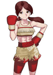 Rule 34 | &gt;:), 1girl, abs, bare shoulders, boxing gloves, breasts, brown eyes, brown hair, brown shorts, closed mouth, collarbone, commission, crop top, flame print, long hair, looking at viewer, low twintails, medium breasts, original, parted bangs, print shorts, red shorts, rggr, short shorts, shorts, shorts under shorts, simple background, skeb commission, smile, solo, twintails, v-shaped eyebrows, white background