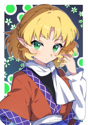 Rule 34 | 1girl, absurdres, blonde hair, blush, braid, brown jacket, closed mouth, french braid, green eyes, highres, jacket, long sleeves, looking at viewer, miz (mizillustration), mizuhashi parsee, multicolored clothes, multicolored jacket, pointy ears, short hair, solo, touhou, upper body