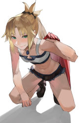Rule 34 | 1girl, bare shoulders, belt, blazpu, blue shorts, braid, breasts, closed mouth, collarbone, cutoffs, denim, denim shorts, fate/apocrypha, fate (series), french braid, green eyes, hair ornament, hair scrunchie, highres, jacket, unworn jacket, long hair, looking at viewer, mordred (fate), mordred (fate/apocrypha), mordred (memories at trifas) (fate), navel, ponytail, red jacket, red scrunchie, scrunchie, short shorts, shorts, simple background, small breasts, smile, solo, white background