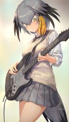 Rule 34 | 1girl, bird tail, black hair, black necktie, blonde hair, breasts, cardigan, collared shirt, commentary, cowboy shot, green eyes, grey hair, grey skirt, guchico, guitar, hair between eyes, hair intakes, head wings, holding, holding instrument, instrument, kemono friends, large breasts, long sleeves, looking away, looking down, multicolored hair, necktie, pleated skirt, shirt, shoebill (kemono friends), short hair, skirt, solo, symbol-only commentary, tail, white shirt, wings