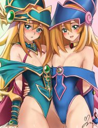 Rule 34 | 2girls, asymmetrical docking, bare shoulders, blonde hair, blush, blush stickers, breast press, breasts, cleavage, dark magician girl, detached collar, duel monster, earrings, green eyes, hat, highleg, highleg leotard, highres, jewelry, large breasts, leotard, long hair, looking at viewer, magician&#039;s valkyria, multiple girls, strapless, swimsuit, thighs, witch hat, yoo tenchi, yu-gi-oh!