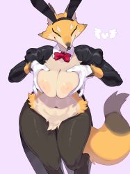 Rule 34 | 1girl, absurdres, animal ears, animal nose, black fur, black hairband, black pantyhose, blush, body fur, bow, bowtie, breast hold, breasts, breasts squeezed together, crotchless, crotchless pantyhose, fake animal ears, female focus, forked eyebrows, fox ears, fox girl, fox tail, furry, furry female, gloves, gradient background, hairband, half-closed eye, hands up, heart, highres, juliet sleeves, kame (3t), large areolae, long sleeves, looking at viewer, meme attire, multicolored fur, navel, nipples, one eye closed, original, pantyhose, puffy sleeves, purple background, rabbit ears, red bow, red bowtie, reverse bunnysuit, reverse outfit, shiny clothes, shiny skin, shrug (clothing), simple background, snout, solo, standing, stomach, tail, tailcoat, thick thighs, thighs, traditional bowtie, white fur, white gloves, wide hips, wink, yellow eyes, yellow fur