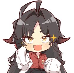 Rule 34 | 1girl, :d, ahoge, black hair, blue archive, blush, brown horns, chibi, highres, holding walkie-talkie, horns, kasumi (blue archive), lab coat, long hair, long sleeves, mochimochi kinako., open mouth, red shirt, shirt, simple background, sleeves past fingers, sleeves past wrists, smile, walkie-talkie, white background, yellow eyes