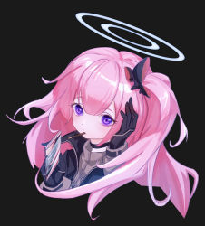 Rule 34 | 1girl, ambriel (arknights), arknights, black background, black bow, black gloves, bow, chinese commentary, commentary request, cropped torso, food, food in mouth, gloves, hair between eyes, hair bow, halo, hands up, holding, long hair, looking at viewer, mouth hold, one side up, pink hair, pocky, purple eyes, simple background, solo, upper body, zoujieyuan
