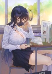 Rule 34 | 1girl, absurdres, bag, black hair, black skirt, blonde hair, book, borrowed character, breasts, chair, classroom, cleavage, collarbone, collared shirt, covered mouth, demon girl, demon horns, desk, dia (hong), from side, highres, holding, holding phone, horns, hxxg, large breasts, long hair, long sleeves, mask, mouth mask, no bra, open clothes, open shirt, original, phone, pleated skirt, school bag, school chair, school desk, school uniform, shirt, sitting, skirt, solo, thighs, white shirt, window, yellow eyes