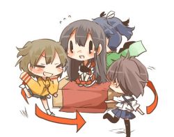Rule 34 | 10s, 4girls, = =, akagi (kancolle), arrow (projectile), bad id, bad twitter id, blue hair, blush, box, brown hair, closed eyes, hiryuu (kancolle), kaga (kancolle), kantai collection, kneeling, long hair, multiple girls, open mouth, rebecca (keinelove), ribbon, running, short hair, side ponytail, smile, solid oval eyes, souryuu (kancolle), surrounded, twintails