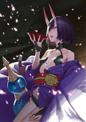 Rule 34 | 1girl, blush, bowl, breasts, cancer (zjcconan), collarbone, fate/grand order, fate (series), highres, holding, holding bowl, horns, looking at viewer, parted lips, purple eyes, purple hair, short hair, shuten douji (fate), small breasts, smile, solo