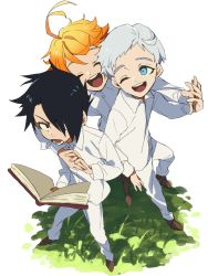 Rule 34 | 1girl, 2boys, ;d, ahoge, bad id, bad pixiv id, black eyes, black hair, blue eyes, book, boots, brown footwear, collar, collared shirt, commentary request, emma (yakusoku no neverland), closed eyes, from above, grass, hair over one eye, holding hands, highres, holding, holding book, light, long sleeves, looking at another, multiple boys, norman (yakusoku no neverland), one eye closed, open mouth, orange hair, oushimaru, outdoors, pants, ray (yakusoku no neverland), shirt, shoes, short hair, simple background, smile, teeth, thick eyebrows, white background, white hair, white pants, white shirt, yakusoku no neverland