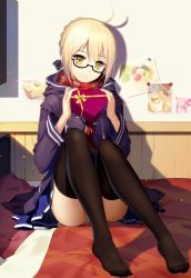 Rule 34 | 1girl, absurdres, ahoge, artoria pendragon (fate), black-framed eyewear, black thighhighs, blue skirt, blush, box, braid, closed mouth, coat, commentary request, duffel coat, fate/grand order, fate (series), french braid, gift, gift box, glasses, heart-shaped box, highres, holding, holding gift, hood, hooded jacket, indoors, jacket, looking at viewer, mysterious heroine x alter (fate), mysterious heroine x alter (first ascension) (fate), no shoes, open clothes, open coat, panties, pantyshot, plaid, plaid scarf, pleated skirt, red scarf, scarf, semi-rimless eyewear, sitting, skirt, solo, thighhighs, under-rim eyewear, underwear, vmax-ver, white panties, yellow eyes