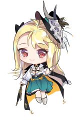 Rule 34 | 1girl, animal skull, artist request, black corset, black headwear, blonde hair, blush, bracelet, breasts, chibi, chinese commentary, cleavage, corset, green skirt, highres, holding, holding umbrella, jewelry, large breasts, looking at viewer, nijisanji, nox (vtuber), nox official, open mouth, shirt, skirt, smile, solo, umbrella, virtual youtuber, virtuareal, white background, white shirt