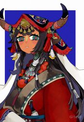 Rule 34 | 1girl, animal ears, artist name, bead necklace, beads, black hair, black horns, blue background, blue eyes, braid, bright pupils, brown eyes, coat, colored inner hair, cow ears, cow girl, dagger, headdress, horn ornament, horns, jewelry, knife, long hair, long sleeves, looking at viewer, multicolored hair, necklace, original, parted lips, purple hair, red coat, sheath, sheathed, short eyebrows, simple background, solo, tassel, traditional clothes, twin braids, twitter username, upper body, very long hair, weapon, white pupils, yotsu kado