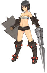 Rule 34 | 1girl, armor, bandeau, bare shoulders, belt, belt buckle, black eyes, black hair, black thighhighs, boots, bracer, buckle, capcom, clenched hand, elbow gloves, flat chest, frown, full body, gloves, glowing, gravios, jewelry, knee boots, lance, legs apart, looking away, midriff, mole, mole under eye, monster hunter (character), monster hunter (series), navel, necklace, parted bangs, pendant, polearm, shield, short hair, short shorts, shorts, simple background, sketch, solo, standing, strap, swept bangs, thighhighs, weapon, yu 65026