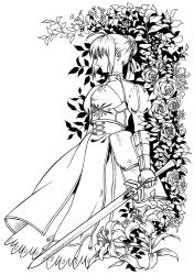 Rule 34 | 1girl, 2nakajo7, ahoge, armor, armored dress, artoria pendragon (fate), dress, excalibur (fate/stay night), fate/stay night, fate (series), faulds, flower, gauntlets, greyscale, hair ribbon, highres, lily (flower), monochrome, puffy sleeves, ribbon, rose, saber (fate), solo, sword, weapon