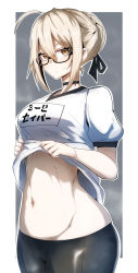 Rule 34 | 1girl, absurdres, ahoge, artoria pendragon (fate), bike shorts, black-framed eyewear, black ribbon, black shorts, blonde hair, braid, braided bun, breasts, choker, clothes lift, colored skin, fate/grand order, fate (series), gin moku, glasses, gym shirt, gym uniform, hair between eyes, hair bun, hair ribbon, highres, lifted by self, light blush, looking at viewer, medium breasts, mysterious heroine x alter (fate), navel, ribbon, shirt, shirt lift, shorts, skin tight, solo, steam, stomach, sweat, sweatdrop, white skin, yellow eyes