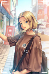 Rule 34 | 1girl, a.x., backpack, bag, battery indicator, blonde hair, blue eyes, blurry, blurry background, brown shirt, building, car, city, dated, day, unworn eyewear, highres, holding, holding removed eyewear, looking at viewer, motor vehicle, original, outdoors, print shirt, road, shirt, short hair, solo, street, sunglasses, viewfinder