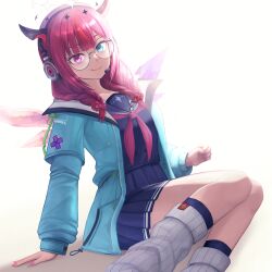 Rule 34 | 1girl, aqua jacket, arm support, asymmetrical wings, black sailor collar, black serafuku, black shirt, black skirt, blue eyes, blunt bangs, braid, buttons, closed mouth, commentary, cross-shaped pupils, crystal wings, double-breasted, feet out of frame, glasses, headset, heterochromia, highres, hololive, hololive english, hood, hooded jacket, horns, irys (gaming casual) (hololive), irys (hololive), jacket, layered sleeves, long hair, long sleeves, looking at viewer, loose socks, low twin braids, low twintails, miniskirt, nail polish, neckerchief, official alternate costume, official alternate hairstyle, pink eyes, pleated skirt, purple nails, red hair, red neckerchief, round eyewear, ruraji, sailor collar, school uniform, serafuku, shirt, short over long sleeves, short sleeves, sitting, skirt, smile, socks, solo, symbol-shaped pupils, twin braids, twintails, virtual youtuber, white socks, wings, yokozuwari