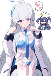 Rule 34 | 2girls, adapted costume, alternate costume, bikini, blazer, blue archive, blue bikini, blue necktie, blunt bangs, blush stickers, chibi, chibi inset, coat, collared shirt, commentary request, halo, headgear, heart, highres, jacket, long hair, long sleeves, looking at viewer, multiple girls, necktie, noa (blue archive), open clothes, open coat, parted bangs, purple eyes, purple hair, school uniform, see-through, see-through shirt, shirt, sidelocks, simple background, smile, solo focus, spoken heart, surprised, swimsuit, tonomiya68, triangle hair ornament, two side up, wet, wet clothes, wet shirt, white background, white coat, white hair, white shirt, yuuka (blue archive)