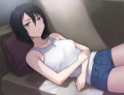 Rule 34 | 1girl, bare shoulders, black hair, blue shorts, bob cut, breasts, closed mouth, collarbone, commentary, couch, cowboy shot, denim, denim shorts, expressionless, from side, hair between eyes, hand on own arm, hashi, indoors, looking at viewer, looking to the side, lounging, lying, medium breasts, on back, on couch, original, paid reward available, pillow, purple eyes, short hair, short shorts, shorts, solo, tank top, white tank top