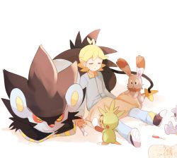Rule 34 | 1boy, ahoge, bad id, bad pixiv id, blanket, blonde hair, blue jumpsuit, bunnelby, chespin, citroid (pokemon), clemont (pokemon), commentary request, covering with blanket, creatures (company), unworn eyewear, game freak, gen 4 pokemon, gen 6 pokemon, glasses, holding, holding removed eyewear, jumpsuit, luxray, lying, male focus, mei (maysroom), nintendo, pokemon, pokemon (anime), pokemon (creature), pokemon xy (anime), robot, screwdriver, shoes, signature, simple background, sitting, sleeping, sleeping on person, white background, wrench