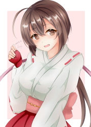 Rule 34 | 1girl, ahoge, blush, breasts, brown eyes, brown hair, commentary request, dakkusu, dated, fingerless gloves, gloves, hakama, hakama skirt, hand up, highres, japanese clothes, kimono, long hair, long sleeves, looking at viewer, medium breasts, musubi, obi, open mouth, pink background, red gloves, red hakama, sash, sekirei, signature, skirt, solo, two-tone background, very long hair, white background, white kimono, wide sleeves