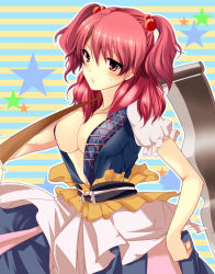 Rule 34 | 1girl, blush, breasts, cleavage, female focus, ghost-cure, hair bobbles, hair ornament, large breasts, looking at viewer, navel, no bra, onozuka komachi, open clothes, red eyes, scythe, short hair, solo, star (symbol), sweatdrop, touhou, twintails, two side up
