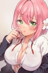 Rule 34 | 1girl, black jacket, blush, bob cut, bra, bra peek, breasts, cleavage, closed mouth, collared shirt, commentary request, dot nose, fingernails, floral print, flower, green eyes, hair between eyes, hair flower, hair intakes, hair ornament, hanazono hakari, hand on own stomach, highres, huge breasts, jacket, kimi no koto ga dai dai dai dai daisuki na 100-nin no kanojo, lace, lace-trimmed bra, lace trim, lips, long sleeves, looking at viewer, medium hair, neck ribbon, open clothes, open jacket, open shirt, pink background, pink bra, pink hair, print bra, red ribbon, ribbon, shirt, simple background, sleeves past wrists, solo, unbuttoned, unbuttoned shirt, underwear, upper body, white flower, white shirt, yumemi teer