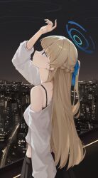 Rule 34 | 1girl, absurdres, black bra, black skirt, blonde hair, blue archive, blue eyes, blue halo, bra, braid, building, city, closed mouth, gmi (jimmyovob), halo, highres, long hair, long sleeves, looking up, night, outdoors, pleated skirt, shirt, skirt, solo, toki (blue archive), underwear, white shirt