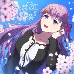 Rule 34 | 1girl, 2023, 5rs g4rn3t, black jacket, blue background, buttons, character name, cherry blossoms, collarbone, commentary request, dress, english text, fate/stay night, fate (series), flower, hair between eyes, hair ribbon, happy birthday, heaven&#039;s feel, highres, jacket, long hair, long sleeves, looking away, matou sakura, open clothes, open jacket, open mouth, petals, pink flower, pink ribbon, purple eyes, purple hair, ribbon, smile, solo, white dress