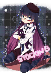Rule 34 | 10s, 1boy, bad id, bad pixiv id, beret, bespectacled, blue eyes, colored inner hair, glasses, hat, honekoneko, honekoneko (psg), male focus, multicolored hair, panty &amp; stocking with garterbelt, pun2, sitting, solo, stocking (psg), striped clothes, striped thighhighs, stuffed animal, stuffed cat, stuffed toy, thighhighs, two-tone hair
