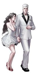 Rule 34 | 1boy, 1girl, black hair, bow, bowtie, brother and sister, dress, formal, grey hair, highres, holding hands, jean pierre polnareff, jojo no kimyou na bouken, ot (dog wasd), sherry polnareff, siblings, stardust crusaders, suit, traditional bowtie, transparent background, tutu