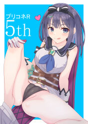 Rule 34 | 1girl, :q, black hair, black panties, blue background, blue eyes, breasts, cameltoe, closed mouth, collared shirt, commentary request, feet out of frame, gloves, grey shirt, grey skirt, hand on own knee, heart, highres, iseshi, knee up, long hair, medium breasts, misora (princess connect!), panties, princess connect!, shirt, skirt, skirt around one leg, sleeveless, sleeveless shirt, smile, solo, tongue, tongue out, translation request, two-tone background, underwear, v-shaped eyebrows, white background, white gloves