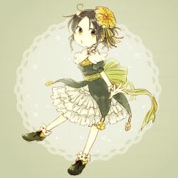 Rule 34 | 1girl, black dress, black footwear, brown eyes, brown hair, capelet, commentary request, dated commentary, dress, frilled skirt, frills, full body, green ribbon, green sash, hair ornament, hair ribbon, looking at viewer, lowres, original, parted bangs, ponytail, puffy short sleeves, puffy sleeves, rakuni, ribbon, sash, scrunchie, shoes, short sleeves, skirt, skirt under dress, solo, wavy hair, white capelet, white skirt, wrist scrunchie