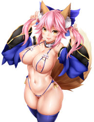 Rule 34 | 10s, 1girl, animal ears, bikini, blue bikini, blue thighhighs, blush, breasts, crotchless, crotchless swimsuit, detached collar, detached sleeves, fang, fate/extra, fate (series), female pubic hair, fox ears, fox tail, hair ribbon, hand in own hair, hand up, large breasts, long hair, looking at viewer, navel, nippleless clothes, nipples, oni-noboru, open mouth, pink hair, pubic hair, revision, ribbon, shiny skin, simple background, smile, solo, swimsuit, tail, tamamo (fate), tamamo no mae (fate/extra), thighhighs, white background, yellow eyes