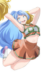 Rule 34 | 1girl, :d, absurdres, arms up, blue eyes, blue hair, boku no hero academia, cheerleader, crop top, fengling (furin-jp), hadou nejire, highres, holding, holding pom poms, jumping, long hair, midair, navel, open mouth, orange skirt, pink footwear, pom pom (cheerleading), pom poms, ponytail, simple background, skirt, smile, solo, u.a. cheerleader uniform, very long hair, white background