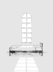 Rule 34 | bed, bed sheet, bedroom, commentary, greyscale, hanada hyou, indoors, landscape, monochrome, no humans, pillow, shadow, sunlight, touhou, window