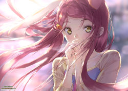 Rule 34 | 1girl, animal ears, carrot hair ornament, commentary request, covering own mouth, ek masato, food-themed hair ornament, hair blowing, hair ornament, long hair, looking at viewer, love live!, love live! sunshine!!, own hands together, rabbit ears, red hair, sakurauchi riko, solo, upper body, yellow eyes