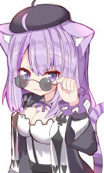Rule 34 | 1girl, absurdres, ahoge, animal ear fluff, animal ears, beret, black hat, black jacket, blush, breasts, cat ears, cat girl, cat tail, cleavage, club (shape), commentary request, hair between eyes, hand up, hat, heart, highres, hololive, jacket, long hair, long sleeves, medium breasts, multicolored hair, nekomata okayu, nekomata okayu (wonderland), official alternate costume, open clothes, open jacket, puffy long sleeves, puffy sleeves, purple eyes, purple hair, round eyewear, shirt, simple background, solo, streaked hair, striped tail, sunglasses, tail, umberblack, upper body, virtual youtuber, white background, white shirt, wide sleeves