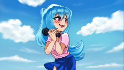 Rule 34 | 1girl, artist request, banner, blue hair, blue sky, blush, friday night funkin&#039;, happy, heart, highres, holding, looking to the side, non-web source, open mouth, pink eyes, purple eyes, shirt, skirt, sky, sky (friday night funkin&#039;), smile, solo, white shirt