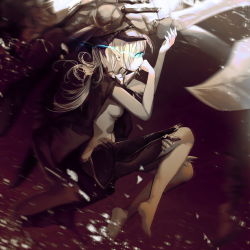 Rule 34 | 10s, 1girl, abyssal ship, ajahweea, bad id, bad pixiv id, blue eyes, bodysuit, breasts, cannon, cape, gloves, glowing, glowing eyes, kantai collection, long hair, pale skin, pants, personification, pointy ears, silver hair, solo, turret, wo-class aircraft carrier
