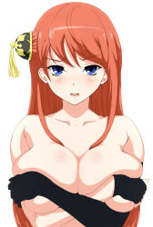 Rule 34 | 1girl, alternate breast size, bad id, bad pixiv id, black gloves, blue eyes, blush, breasts, brown hair, bun cover, cleavage, covering privates, covering breasts, elbow gloves, fingerless gloves, gintama, gloves, hair bun, huge breasts, kagura (gintama), large breasts, long hair, looking at viewer, pink hair, red hair, single hair bun, solo, wjee