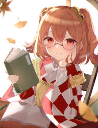Rule 34 | 1girl, absurdres, apron, bell, book, chair, character name, checkered clothes, checkered kimono, closed mouth, clothes writing, commentary request, glasses, hair bell, hair ornament, hand on own face, happy, highres, holding, holding book, japanese clothes, jingle bell, kimono, long sleeves, looking at viewer, motoori kosuzu, orange eyes, orange hair, romaji text, round eyewear, short hair, sitting, smile, solo, table, touhou, twintails, two side up, wide sleeves, yellow apron, yumeno ruruka