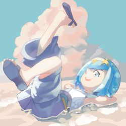 Rule 34 | 1girl, :d, arms behind back, arms up, black footwear, blue eyes, blue hair, commentary, creatures (company), feet, flip-flops, game freak, gold hairband, hair over one eye, hairband, highres, lana (pokemon), legs up, looking at viewer, lying, nintendo, no sclera, on back, open mouth, pokemon, pokemon sm, ppuna, sandals, shirt, short hair, sleeveless, smile, solo, teeth, toes, trial captain, upper teeth only