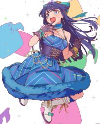 Rule 34 | 1girl, bare shoulders, black hair, blue dress, blue eyes, blush, boots, bow, bracelet, breasts, collarbone, confetti, corset, dot nose, dress, earrings, full body, gloves, grey gloves, hair bow, hair ribbon, hands up, hoyaza1561, idolmaster, idolmaster million live!, idolmaster million live! theater days, idolmaster poplinks, jewelry, long hair, looking at another, mogami shizuka, multicolored background, necklace, open mouth, purple corset, ribbon, small breasts, solo, sparkle, sweatdrop, two-tone ribbon, underbust, white footwear
