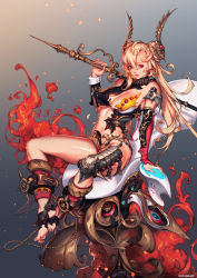 Rule 34 | 1girl, armor, artist name, bare shoulders, barefoot, blonde hair, breasts, chair, cleavage, collar, cuffs, double bun, full body, highres, long hair, looking at viewer, midriff, nail polish, over shoulder, pink nails, red eyes, red legwear, sitting, solo, sword, weapon, woo kim